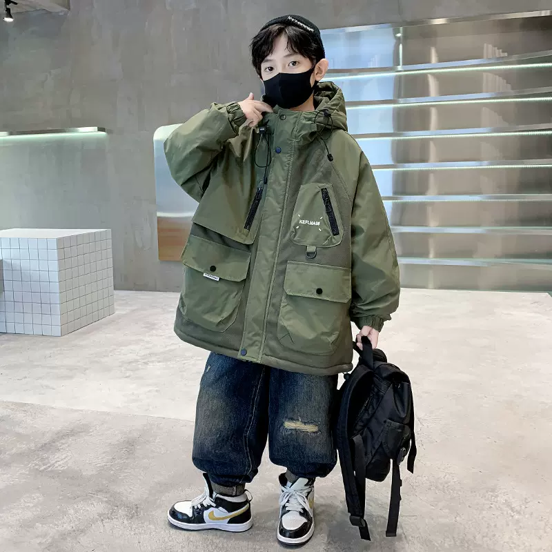 男童夹棉加厚棉袄2024新款中大儿童装兔毛加绒连帽派克服外套冬装