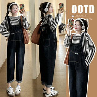 Real shot in stock 2024 spring rabbit ears Korean version of Denim suspenders striped top
