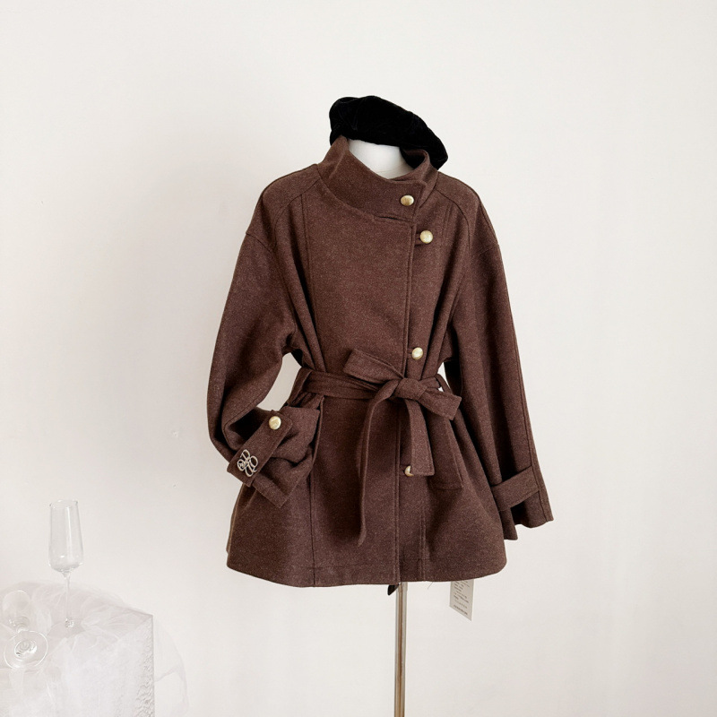 塞纳韩系复古高级感立领毛呢外套女秋冬新款系带收腰显瘦气质棕色
