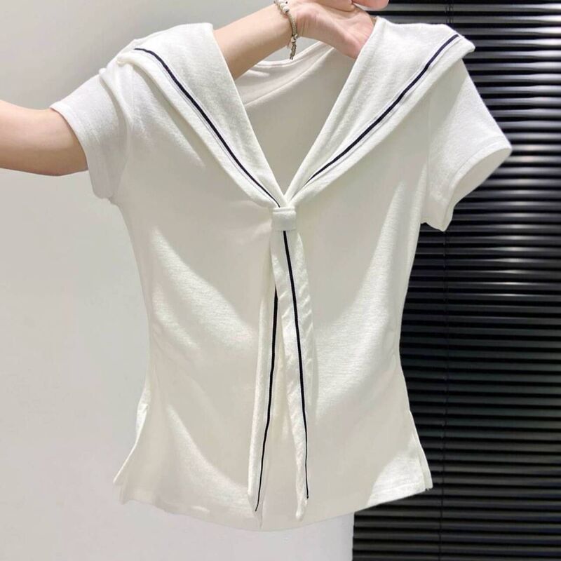 Navy Collar White Right Shoulder Short-Sleeved T-Shirt for Women Summer Slit Slim Waist Slimming Look Summer Beautiful Shirt Top Navy Collar White Right Shoulder Short-Sleeved T-Shirt for Women Summer Slit Slim Waist Slimming Look Summer Beautiful Shirt Top