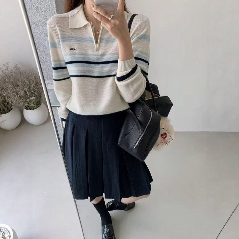 韩代款复古条纹撞色polo领针织衫女简约气质高级感半拉链早秋毛衣|undefined