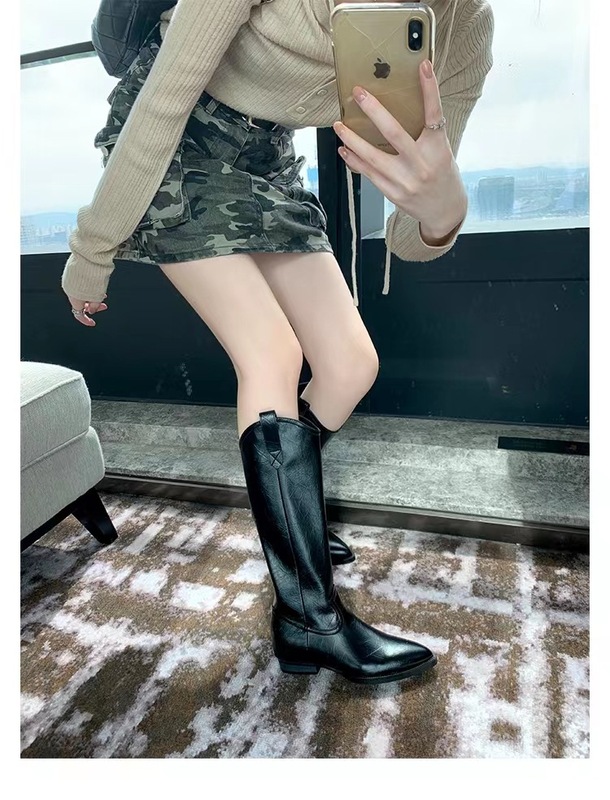 牛皮~葡萄妈同款v口不过膝高筒靴子尖头西部靴真皮骑士靴女长筒靴|undefined