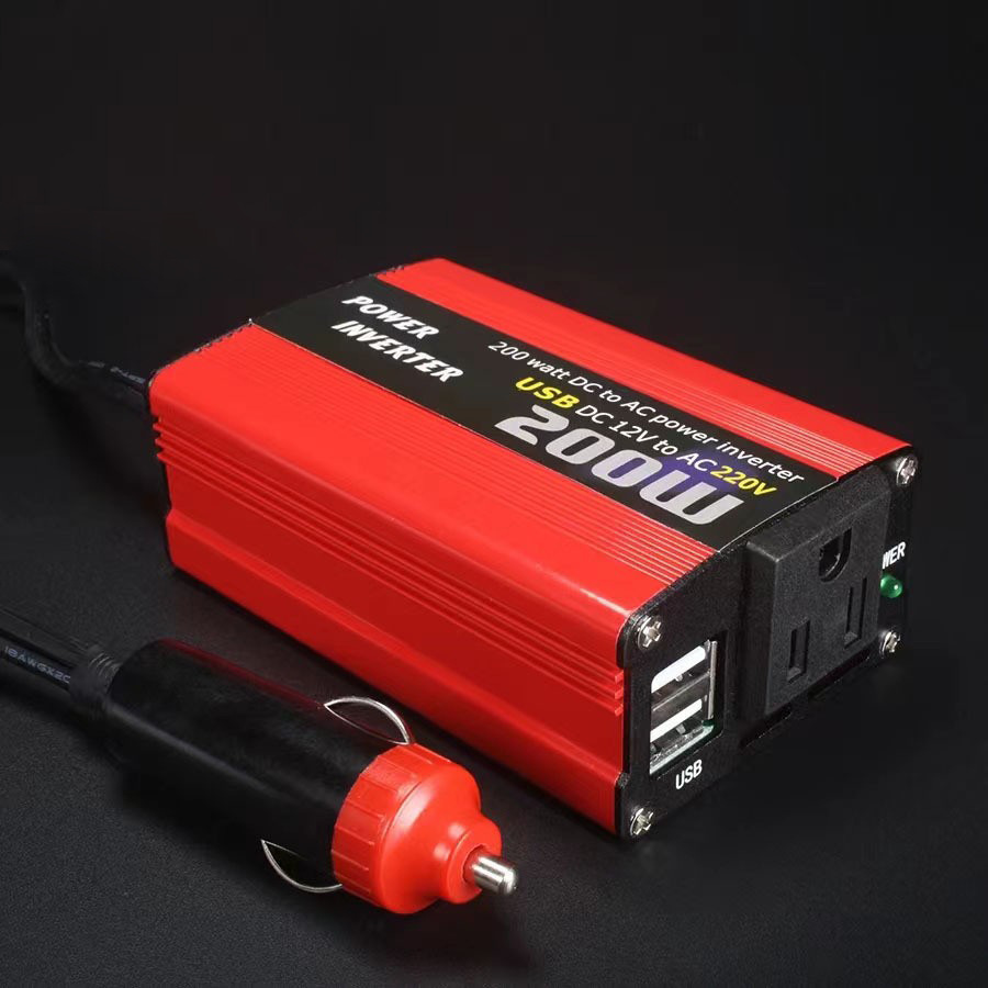 跨境专供200W汽车便携车载逆变器双USB红色12V转220V110V带点烟器