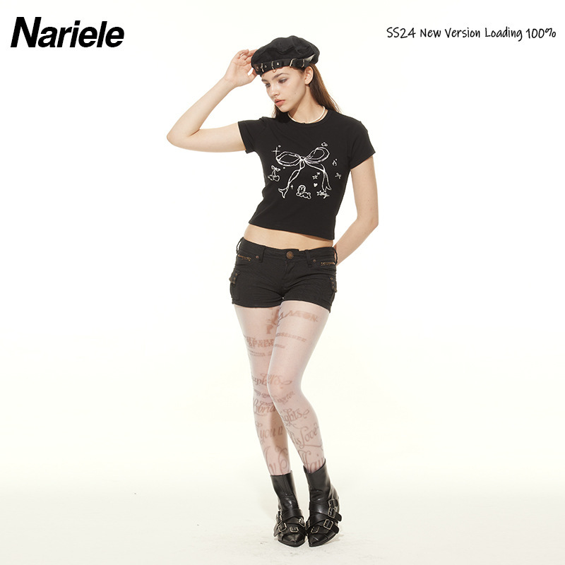 Narile銀発泡プリントデザインギャル袖tシャツ女性2024夏の新型ガードル|undefined