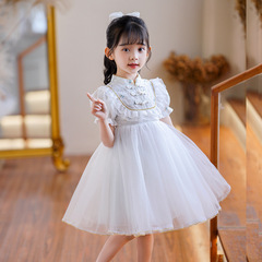 Girls' summer dress, modified qipao princess dress, red Chinese style lace chiffon dress, performance dress, small formal dress