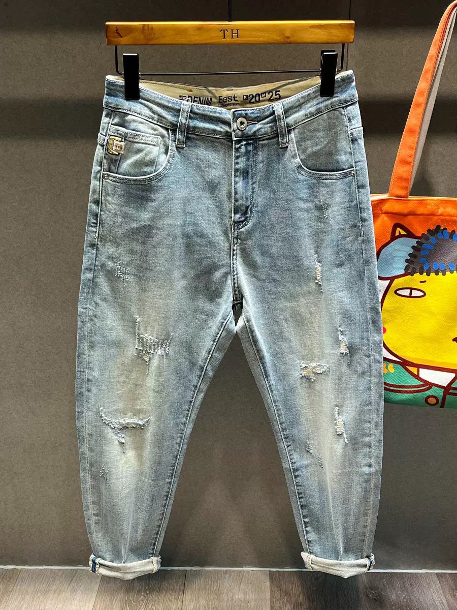 Men's Trendy Ripped Cropped Jeans Light Colored Summer Thin Distressed Tapered Harem Pants New_mkmklike.com