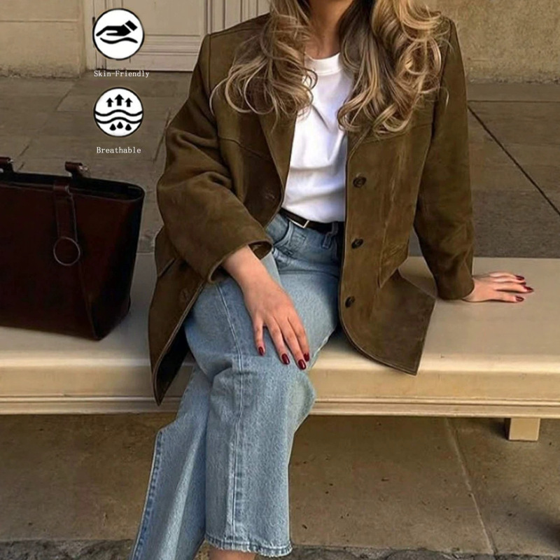 European and American Style Brown Suede Blazer for Women, Vintage Loose Mid-Length Casual Workwear Jacket, Overseas Warehouse European and American Style Brown Suede Blazer for Women, Vintage Loose Mid-Length Casual Workwear Jacket, Overseas Warehouse