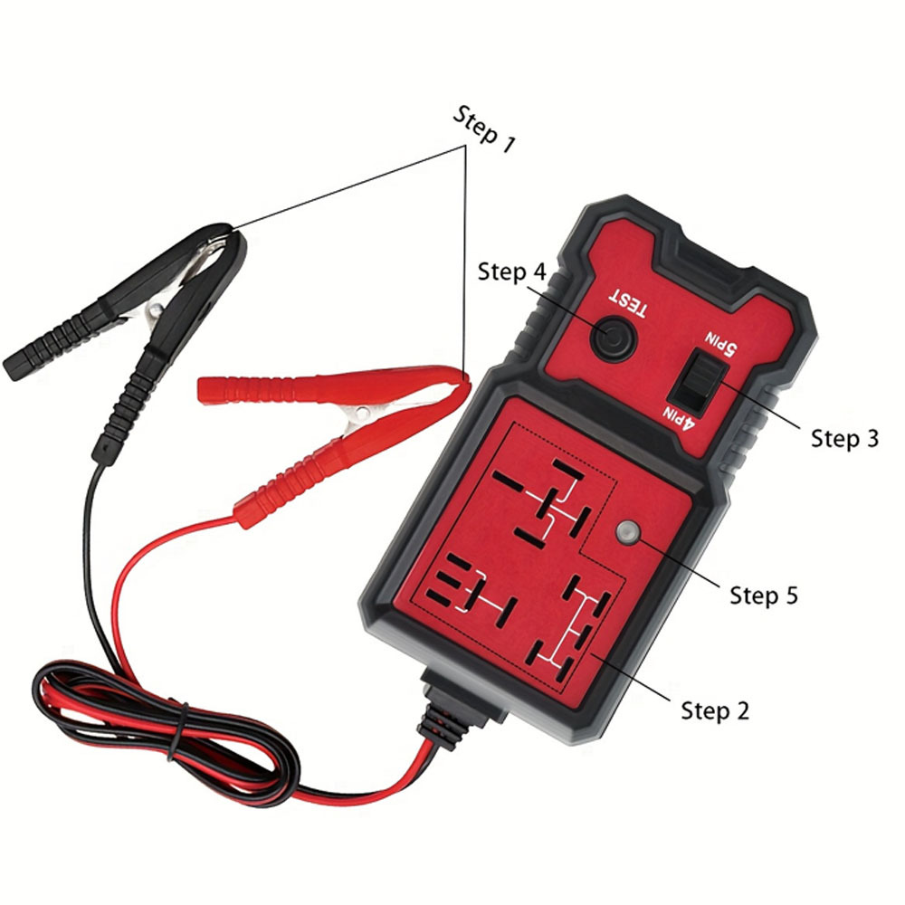 12V Automatic Relay Tester - Suitable for 4-Pin and 5-Pin Relays - Lightweight with Battery Clamp