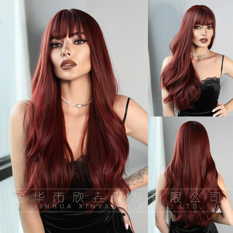 Burgundy Wigs European and American Wigs for Women Burgundy Long Curly Hair Big Waves Lolita Wig Raspberry Red