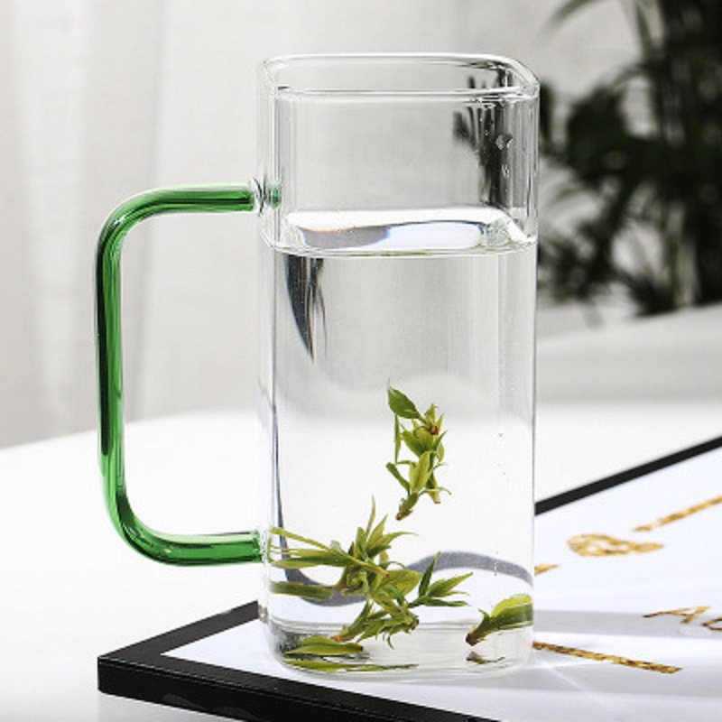 Color cuadrado mango vidrio ins estilo cuadrado taza de té verde con mango taza de desayuno resistente a altas temperaturas creativo café taza de leche