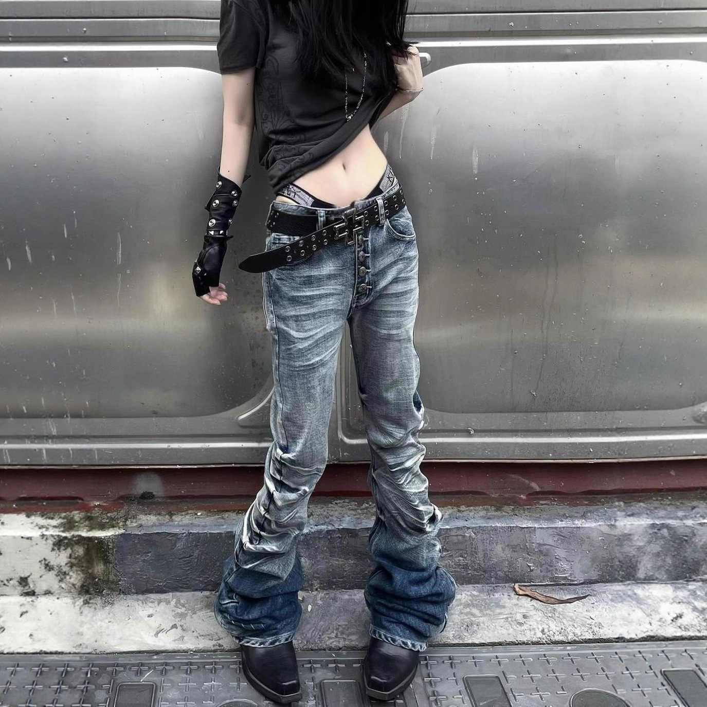 European and American Retro Cat Paw Pattern Jeans for Women, High Street Trendy Straight-Leg Pants, Versatile Slimming Floor-Length Pants