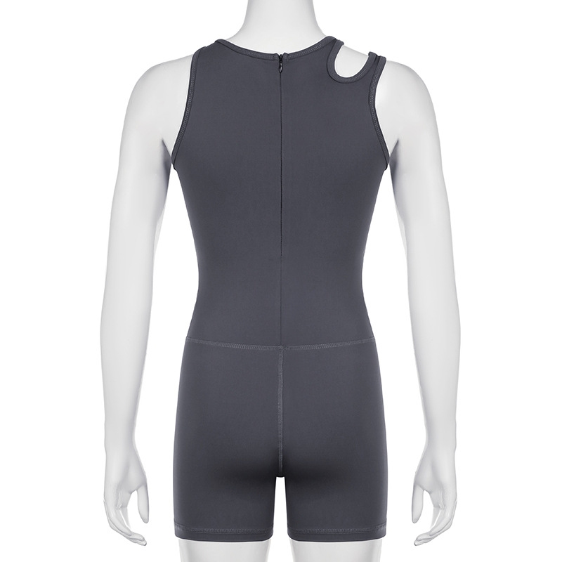 Casual Sports Asymmetric Shoulder Strap Hollow Out Cutout Solid Color Fitness Yoga Jumpsuit Shorts Women