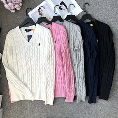 经典小马标复古灰色V领绞花麻花刺绣羊毛套头打底针织衫毛衣代发