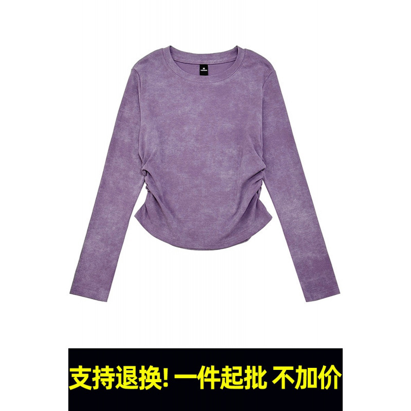 跨境批发220克t恤定制圆领扎染正肩修身抽褶长袖打底女装光板空板|undefined