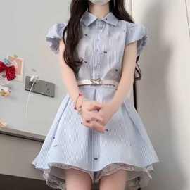 韩系穿搭夏季2025新款小个子蓝色条纹衬衫连衣裙子女气质收腰短裙