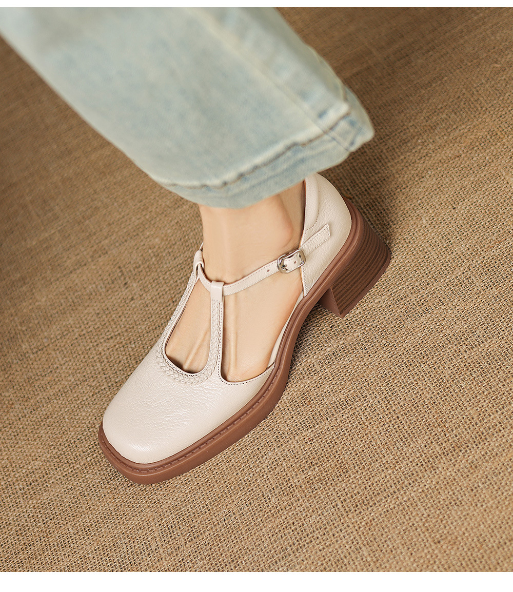 Sandal cao gót nữ mũi vuông quai chữ T đế dày — màu trắng ngà chi tiết 9