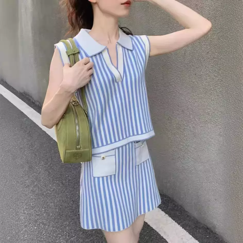 夏季小香风针织条纹polo领无袖背心半裙套装女高级感小个子两件套