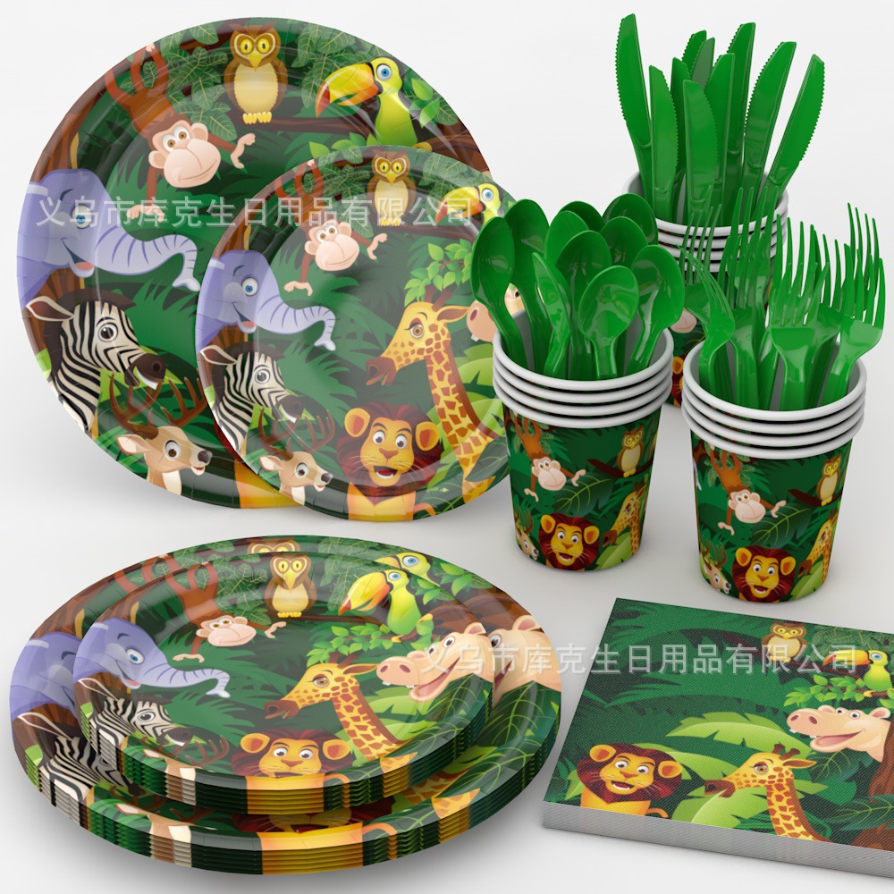 Amazon fabricantes nuevo animal selva fiesta de cumpleaños los niños suministros sombrero desechable plato tire bandera Decoración