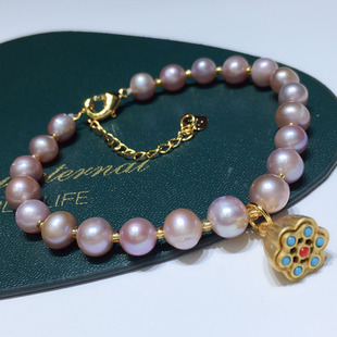 085 Pink and Purple Freshwater Pearl Bracelet 7mm Simple and Versatile Fashionable Bestie Bracelet Summer Accessible Luxury Gift for Girls