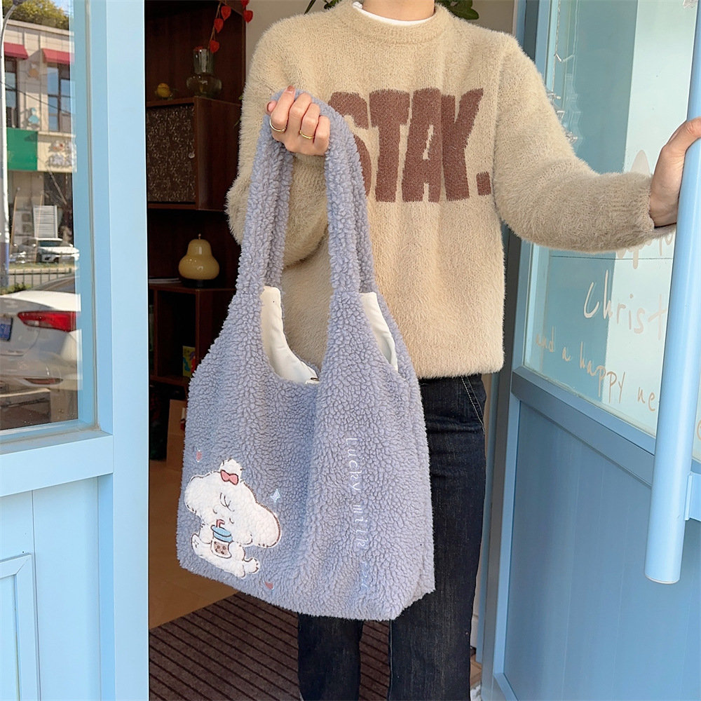 312201 Korean version ins Autumn/Winter Collection, fluffy single-shoulder bag, cute female dog embroidered large capacity tote bag undefined