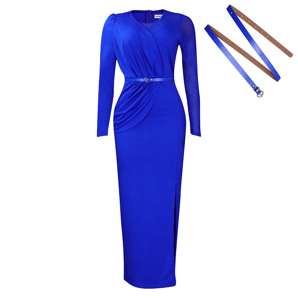 Damen Abendkleid Mit Langarm Und Mesh-einsatz Elegantes Festkleid_voghion.com