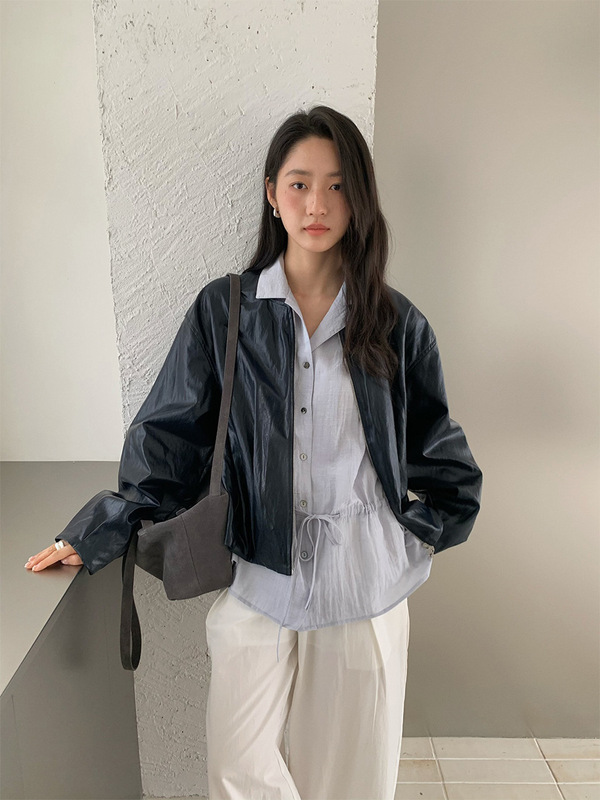 苏奈 风复古简约圆领皮衣外套女秋季潮流宽松夹克上衣fromanna|undefined