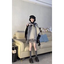 2025新款秋冬季慵懒风双面呢斗篷外套黑色打底衫毛呢百褶裙三件套