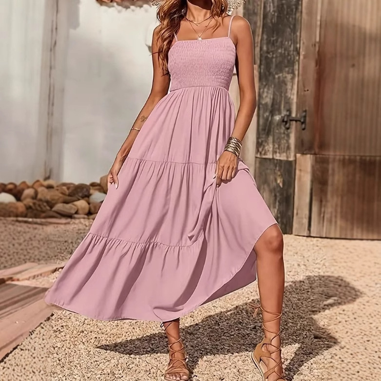 Women's Thin Shoulder Strap dress Summer Pleated Layered Long Dress Bohemian Sleeve Long Beach dress
