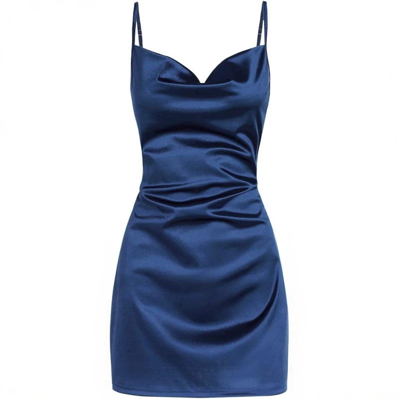 Black satin off-the-shoulder thin strap ruched waist bodycon short dress for back-to-school party