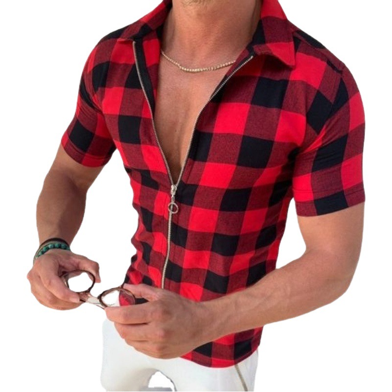 Cross-border 2023 solapa europea y americana de cuatro lados stretch Plaid camisa impresa hombres SLIM-Fit moda cremallera cardigan manga corta forro