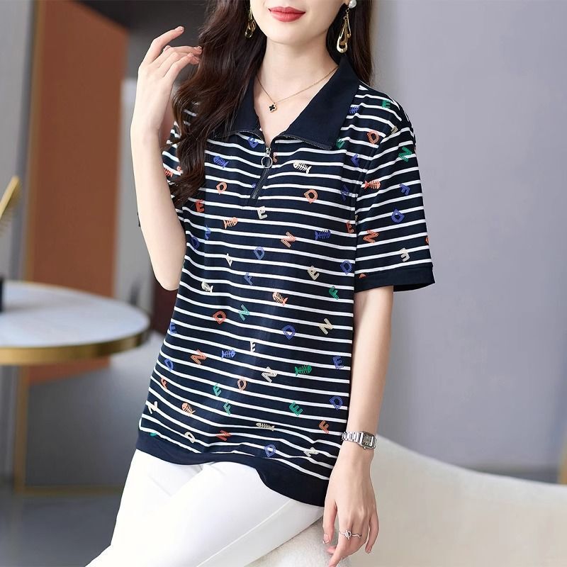 200斤の高級な大きいサイズのアルファベットのストライプの半袖のtシャツの女性の夏の太っているmmのゆったりしているお腹を隠して肉を隠してやせている上着を現します。|undefined