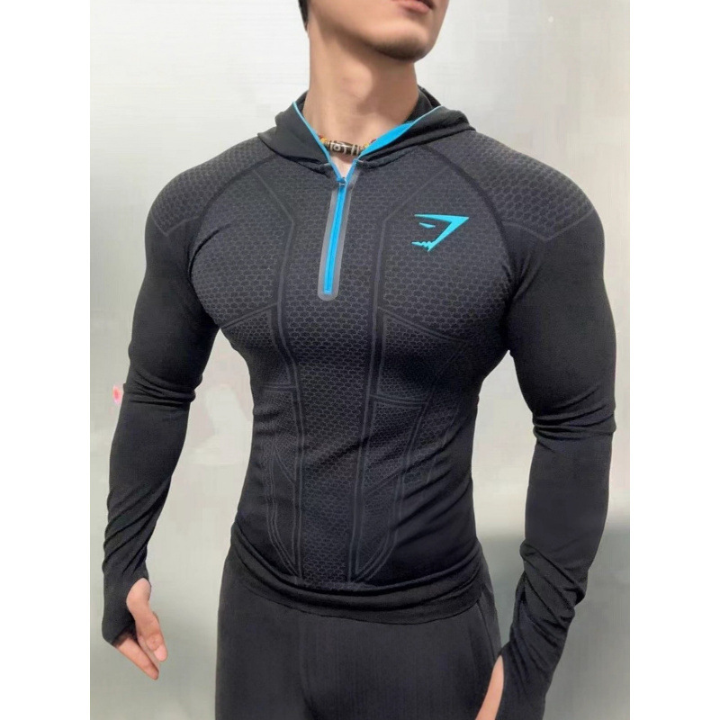 Gymshark Classic Onyx5.0 Superhero Quick-Drying Fitness Top Men's Autumn and Winter Hooded Zipper Long Sleeves