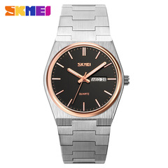 Skmei fashion solid stainless steel buckle men's business casual quartz watch thin dual calendar men's watch