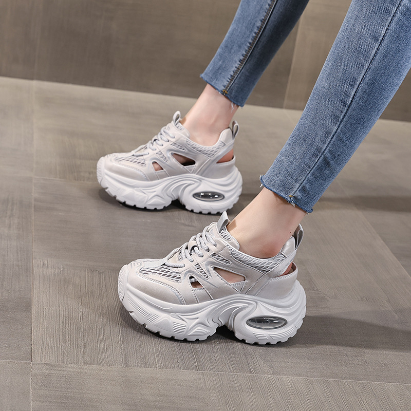 Giày sandal thể thao nữ đế dày độn cao, mặt lưới thoáng khí HS9866-6 — Màu trắng, Màu xám