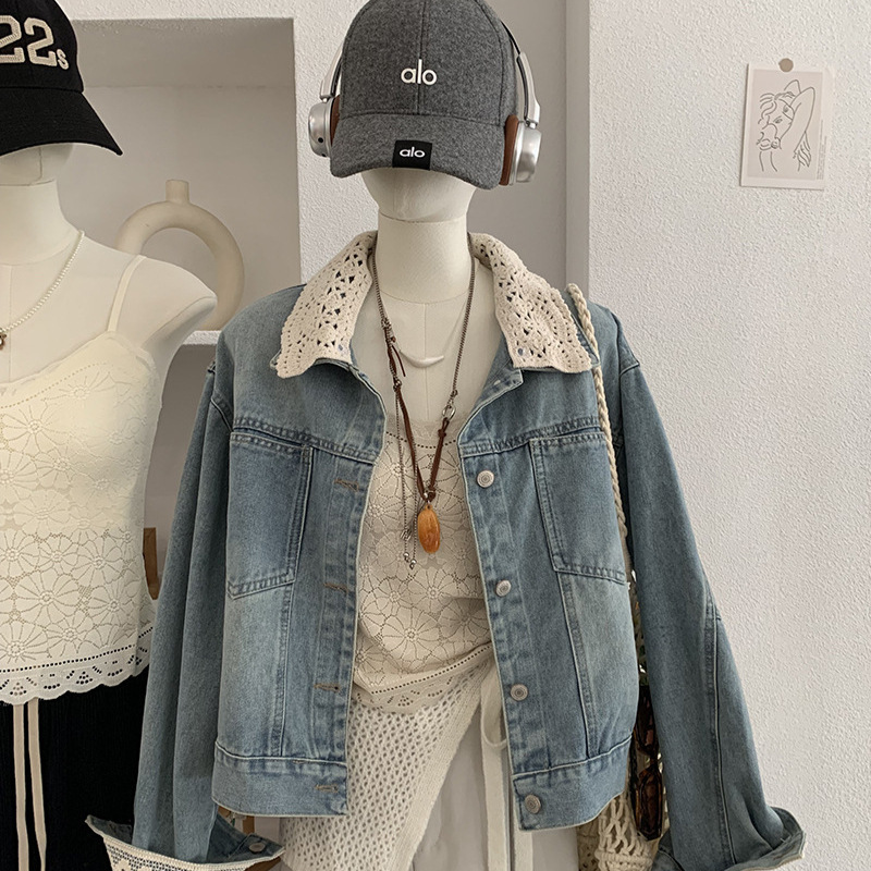 Omalai Detachable Lace Trim Lapel Single-Breasted Long-Sleeve Loose Denim Jacket Wholesale 6633