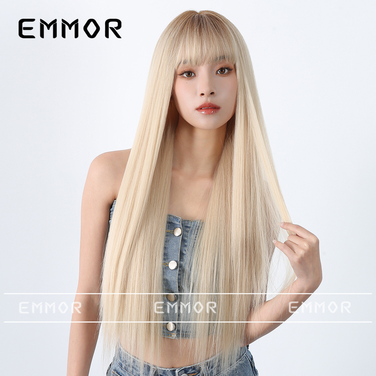 Peluca de celebridades de internet de estilo coreano cabello largo femenino flequillo de dibujos animados cabello recto puro quiere mostrar el color del cabello blanco simulación natural peluca cubierta de la cabeza