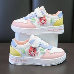 2025年春秋新作子供用白スニーカー、女の子学生向けフラットカジュアルスポーツシューズ、レザーシューズ