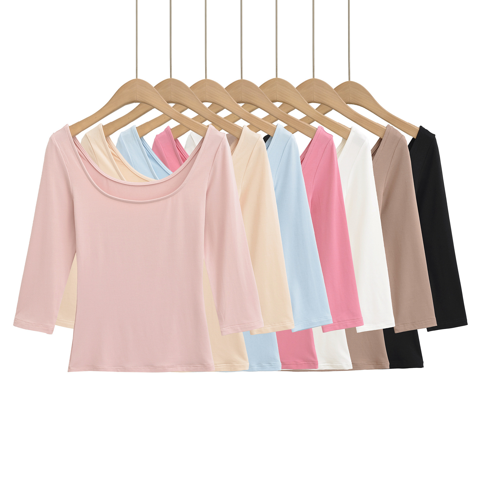 American-Style Spicy Girl Three-Quarter Sleeve T-Shirt for Women 2025 Autumn Pure Desire Regular Shoulder Large U-Neck Slim Fit Top Base Layer