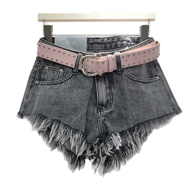 Pantalones Cortos Denim de Tiro Bajo Mezclilla, Poliéster Tiro Bajo, Efecto Lavado para Mujer