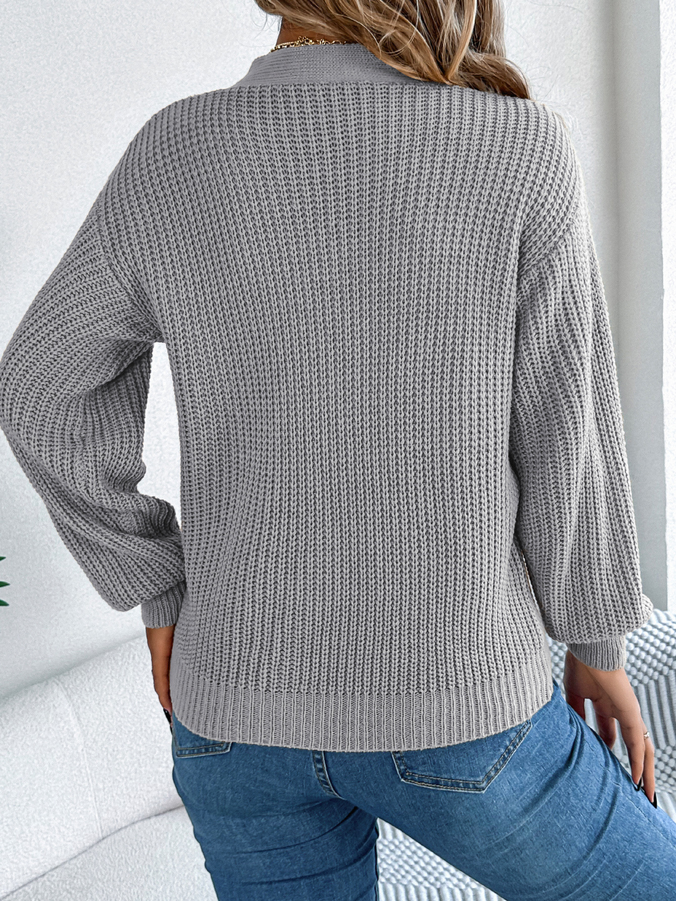 Women's V Neck Pullover Sweater Knitted Lantern Sleeve Top_voghion.com