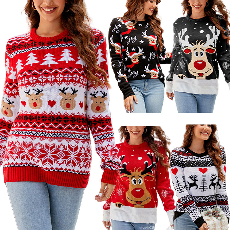 European and American Export Amazon Popular Women's Jacquard Pullover Elk Christmas Knitted Sweater Women's Lazy Style Autumn and Winter Sweater