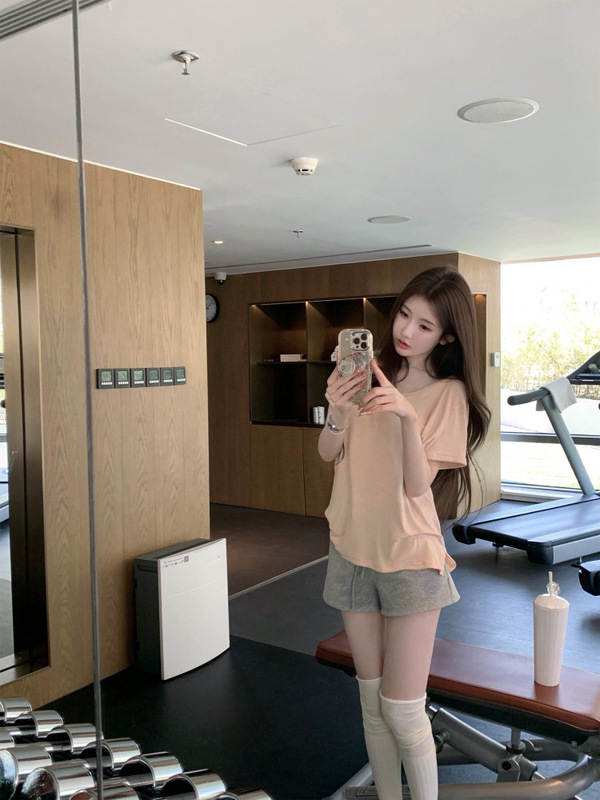 雪花麻黑白V领条纹短袖t恤女夏宽松针织天丝上衣防晒罩衫|undefined