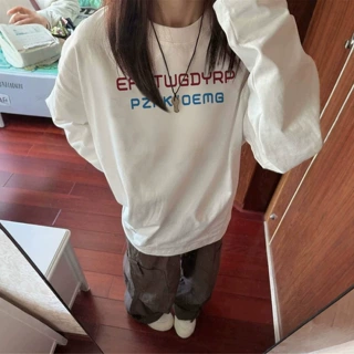 胖mm白色纯棉长袖t恤女春秋美式潮牌字母设计感宽松内搭打底上衣
