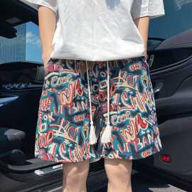 新品男装海岛度假风沙滩裤男短裤夏季薄款情侣宽松休闲提花五分裤