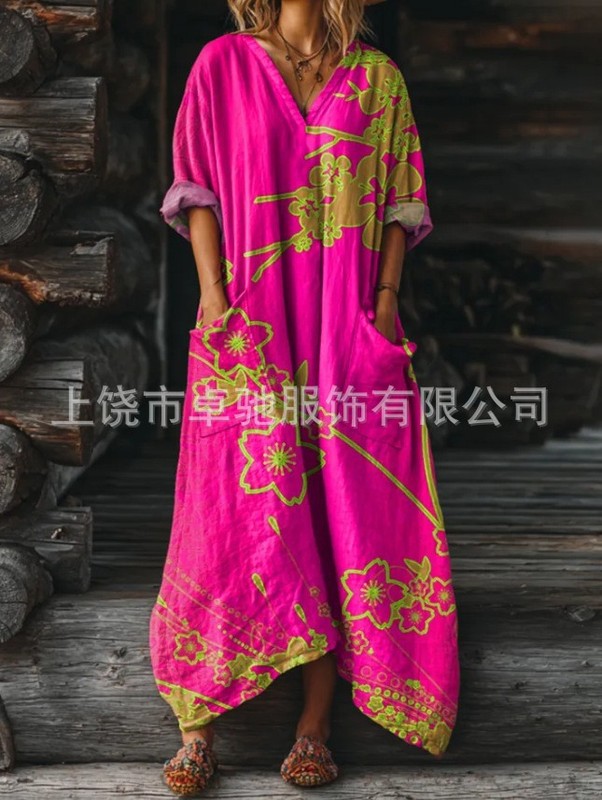 2025新款独立站女式复古花卉艺术图案印花口袋V领口袋连衣裙|undefined