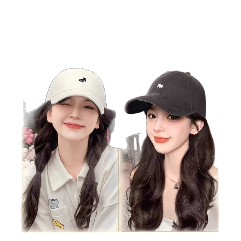 Sombrero peluca en una mujer cabello rizado largo otoño invierno nueva moda pequeño zorro bordado sombrero de béisbol con cubierta de cabello falso