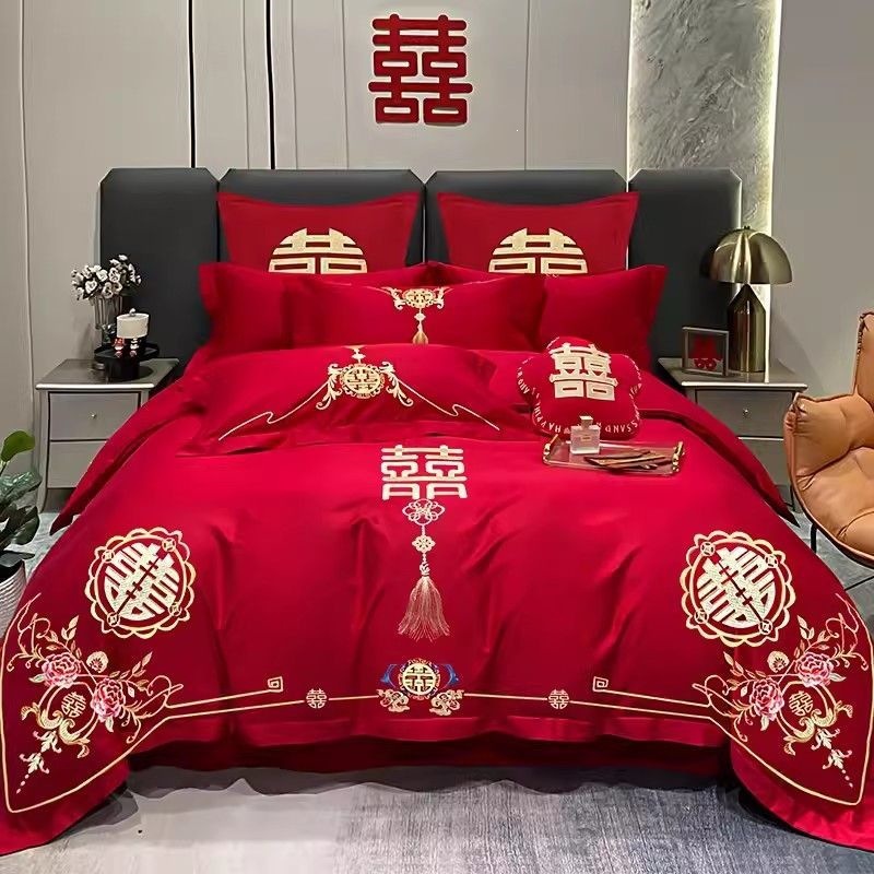 Cuatro piezas de boda china dragón-fénix bordado sábanas de boda rojas casa de boda colcha de cama image 15