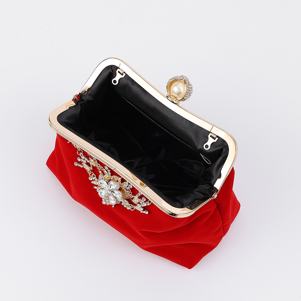 Canvas, Rhinestone Material Printing, Solid Color Pattern New Retro Pearl Cat Eye Decorated Rhinestone Velvet Banquet Bag Hanfu Cheongsam Bag Clutch Shoulder Crossbody Chain Bag