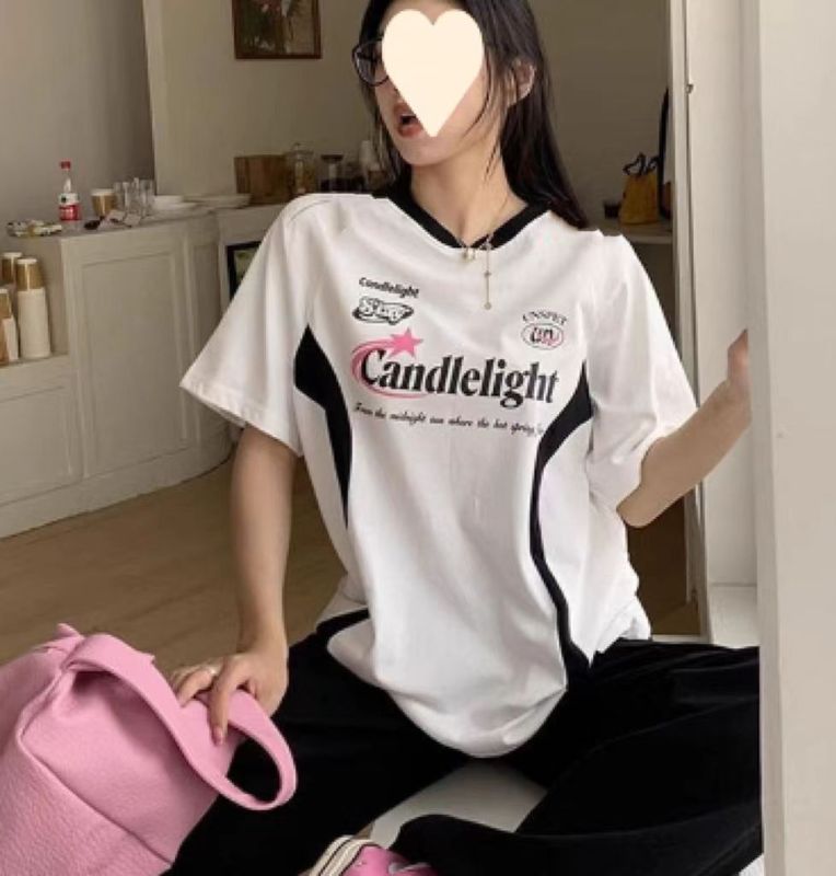时尚潮牌爆款百搭机车拼色印花短袖t恤女夏季拼接宽松百搭上衣ins|undefined