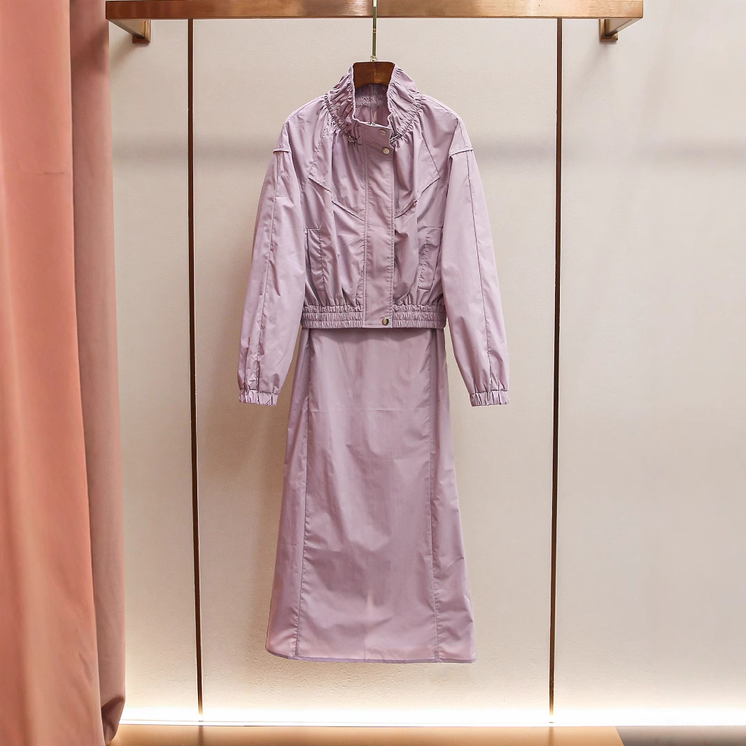 Yili Zhuoya 24 New Fashion Simple Casual Sports Style Stand Collar Windbreaker Short Outwear Slit Skirt Suit